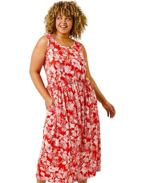 Roman Curve Tropical Floral Print Maxi Dress - Red