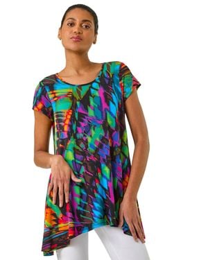 Roman Abstract Print Hanky Hem Tunic - Black
