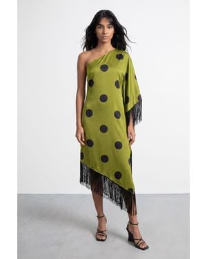 Warehouse Premium Fringe Trim One Shoulder Midi Dress - Green