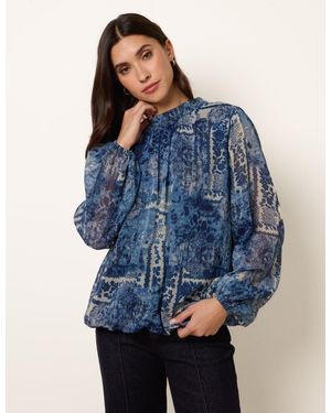 Blue Vanilla High Neck Paisley Print Puffball Top - Blue