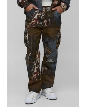 BoohooMAN Tall Renaissance Tapestry Stacked Straight Fit Cargo Trousers - Black