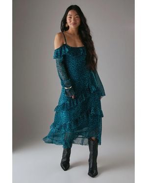 Warehouse Petite Chiffon Ruffle Cold Shoulder Midi Dress - Blue
