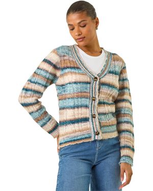 Roman Stripe Buttoned Cable Knit Cardigan - Blue