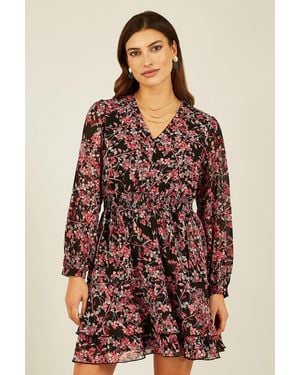 Mela London Blossom Print Ruched Waist Long Sleeve Skater Dress - Red