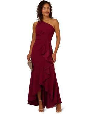 Adrianna Papell Crepe One Shoulder Ruffle Gown - Red