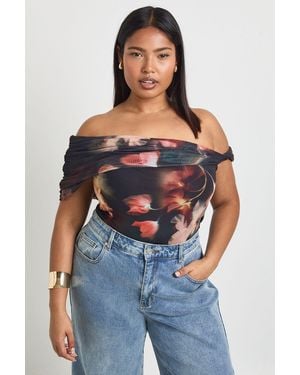 Boohoo Plus Printed Asymmetric Ruched Top - Blue