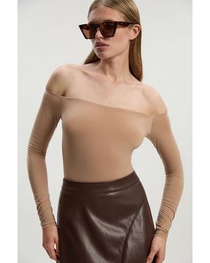 Karen Millen Cold Shoulder Long Sleeve Contour Jersey Bodysuit - Natural