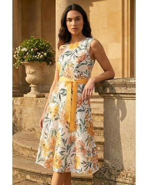 Roman Floral Print Lace Stretch Dress - Metallic
