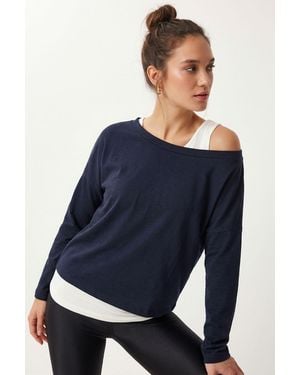 Happiness İstanbul Boat Neck Long Sleeve Blouse - Blue