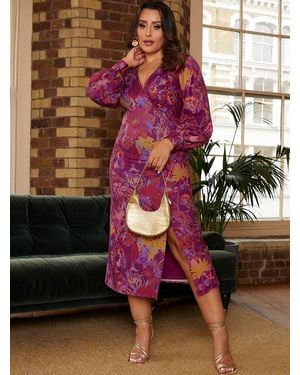 Chi Chi London Long Sleeve V Neck Floral Abstract Midi Dress - Brown