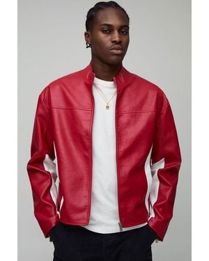 BoohooMAN Boxy Fit Colour Block Panel Pu Biker Jacket - Red