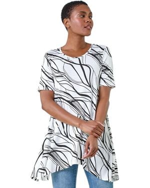 Roman Abstract Hanky Hem Stretch Tunic Top - White
