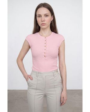 Dilvin Getailleerd Katoenen Jersey Crewneck T-Shirt - Roze
