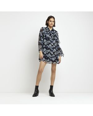 River Island Mini Shirt Dress Floral Frill - Blue