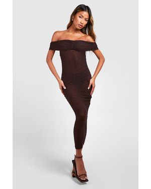 Boohoo Bardot Ruched Textured Midaxi Dress - Brown