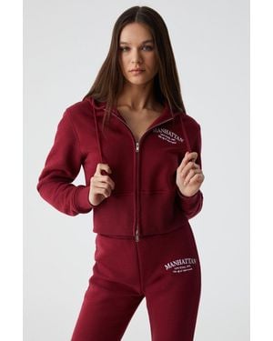 Grimelange Crop Hooded Logo Zip Sweatshirt - Red