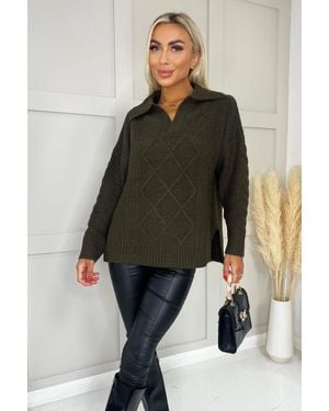 AX Paris Collared Cable Knit Jumper - Green