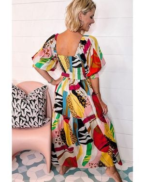 Azura Exchange Square Neck Smocked Abstract Print Boho Maxi Dress Cotton - Red