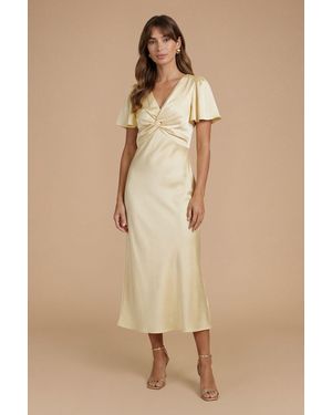 Oasis Butter Satin Twist Front Angel Sleeve Midi Bridesmaid Dress - Natural