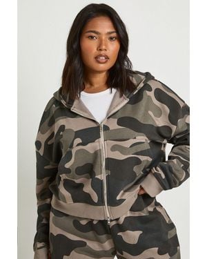 Boohoo Plus Camo Print Fitted Zip Through Crop Hoodie - Grey