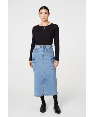 Izabel London Denim High Waist Midi Cargo Skirt - Blue