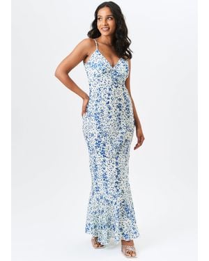 Gini London Ivoorwitte Maxi-Jurk Met Bandjes Van Chiffon Met Dobby-Patroon En Bloemenprint - Blauw