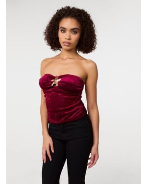 Pink Vanilla Soft Shimmer Velvet Texture Bra Cup Top - Red