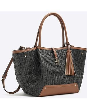 River Island Tote Bag Raffia Large Popper - Black