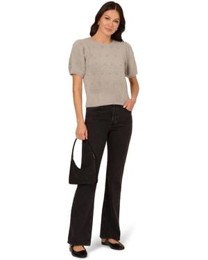 Adrianna Papell Crew Neck Pearl Embellished Short Sleeve Fuzzy Jumper - Black