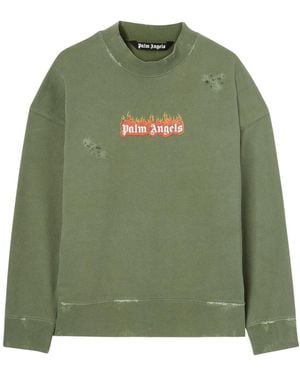Palm Angels Burning Logo Crewneck Military - Green
