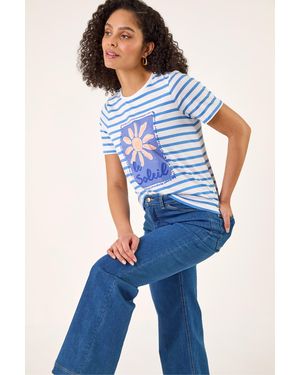 Roman Motif Stripe Print Cotton Top - Blue