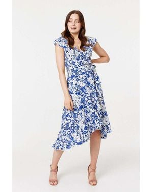 Izabel London Printed Tie Waist Midi Wrap Dress - Blue