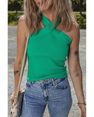Azura Exchange Ribbed Criss Cross Halter Neck Sheath Jumper Tank Top Viscose - Green