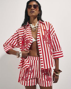 River Island Shirt Cotton Stripe Beaded Floral - Red