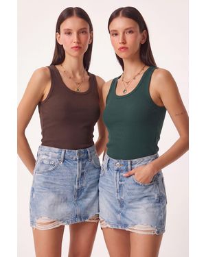 Happiness İstanbul Fitted U Collar Knitted 2- Pack Tank Top - Green