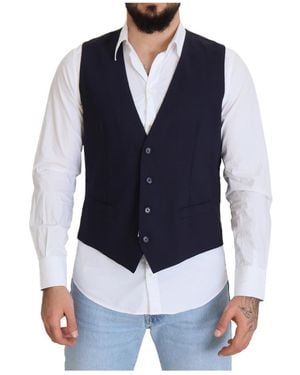 Dolce & Gabbana Single Breasted Wool Vest With Logo Details - Blue