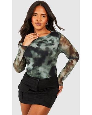 Boohoo Plus Abstract Mesh Long Sleeve Top - Black