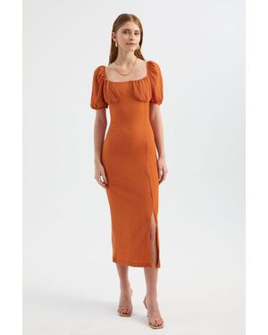 Hiccup Sweetheart Neck Smocked Balloon Sleeves Midi Dress With A Side Slit - Orange