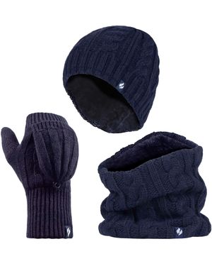 Heat Holders Thermal Winter Fleece Hat, Neck Warmer And Converter Gloves Set - Blue