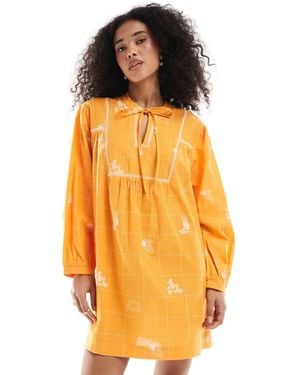 Native Youth Embroidered Puff Sleeve Mini Smock Dress - Orange