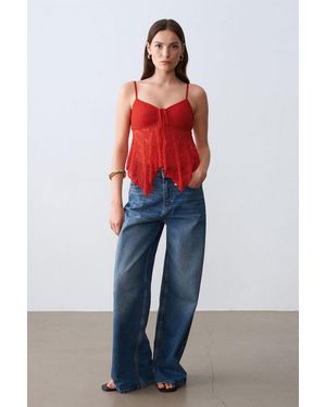 Dilvin Lace Tie-Front Sleeveless Blouse - Red