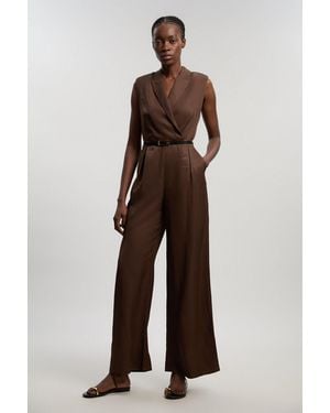 Karen Millen Premium Viscose Linen Tailored Belted Wide Leg Jumpsuit - Brown