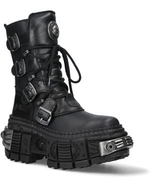 New Rock Mid-Calf Leather Platform Boots-Wall373-S3 - Black