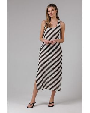 French Connection Cotton Blend Stripe Crochet Scoop Neck Tie Back Midi Dress - Grey