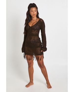 Boohoo Tassel Crochet Beach Tunic - Brown