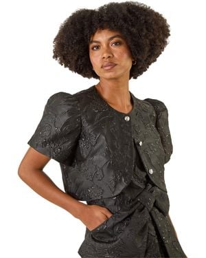 Roman Brocade Puff Sleeve Jacket - Black