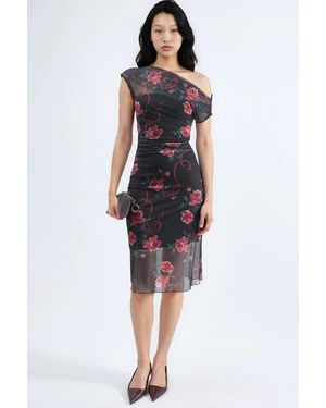 Hiccup Asymmetrical Collar Flowering Midi Dress - Black
