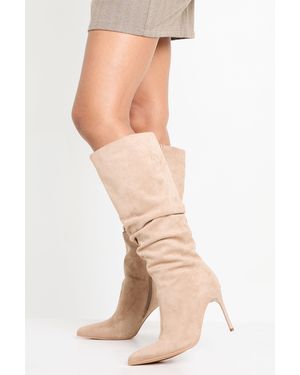 Boohoo Faux Suede Ruched Stiletto Pointed Boots - Grey