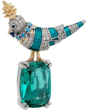LÁTELITA London Crested Love Bird Enamel Emerald Brooch Sterling - Blue
