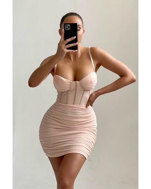 Femme Luxe Mesh Ruched Corset Strappy Bodycon Mini Dress - Natural